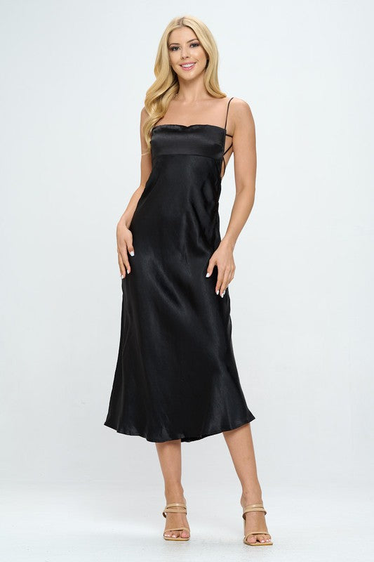 Black Satin Midi Slip Dress