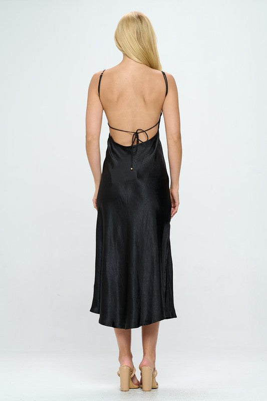 Back View - Black Satin Midi Slip Dress