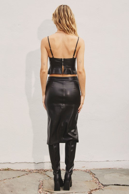 Back View - Black Faux Leather Midi Slit Skirt
