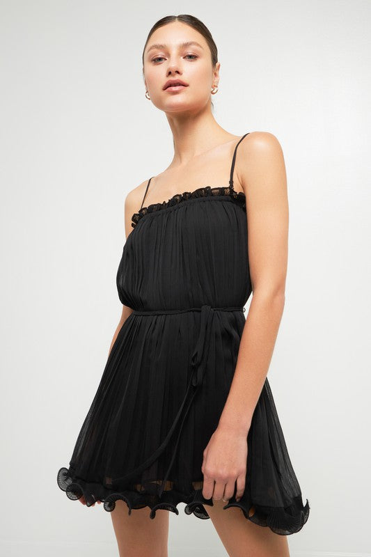 Black Pleated Chiffon Ruffle Mini Dress