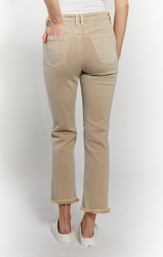 Back View - Tan Ripped High Rise Straight Fray Hem